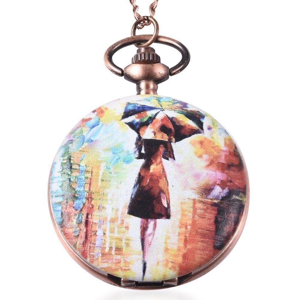 STRADA Girl Holding Umbrella Pattern Pocket Watch